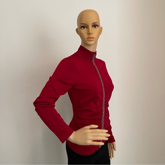 Red Rhinestone Embellished Ruched Long Sleeve Turtleneck Zip-up Blouse - Picture 7 of 8